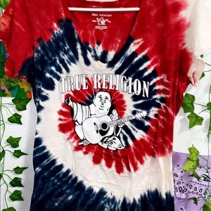 Red, white and blue tie dye true religion v-neck💙
